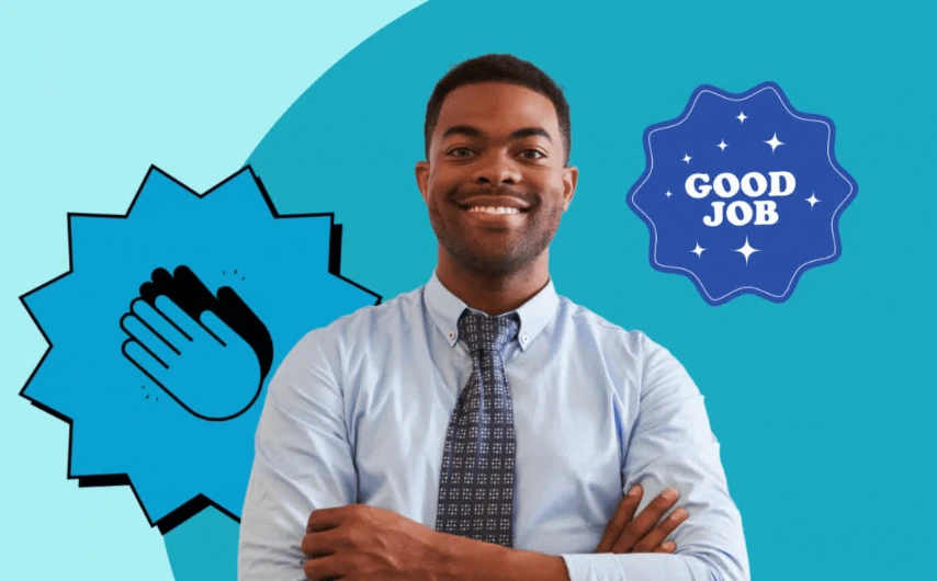 Man smiling with a "Good Job" banner in the background